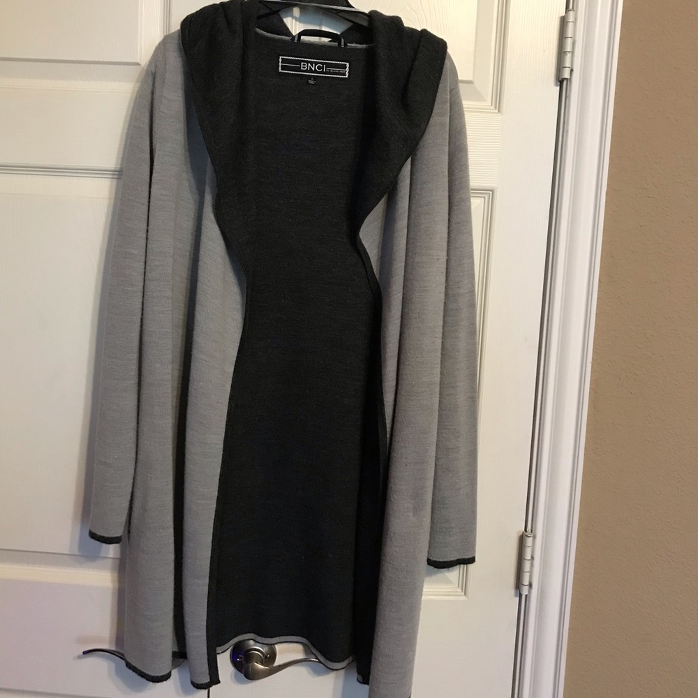 Beautiful long open front cardigan with hood